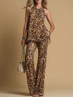 Samantha | Leopard-Print Sleeveless Top & Flared Pants Set