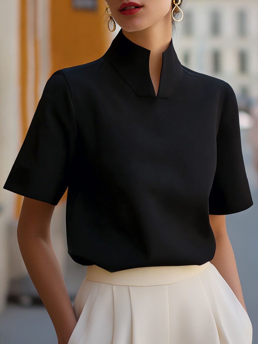 Women's Stand Collar Blouse – Short Sleeve Smart Top