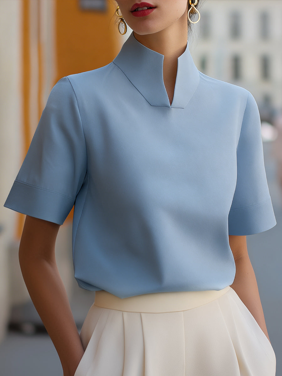 Women's Stand Collar Blouse – Short Sleeve Smart Top