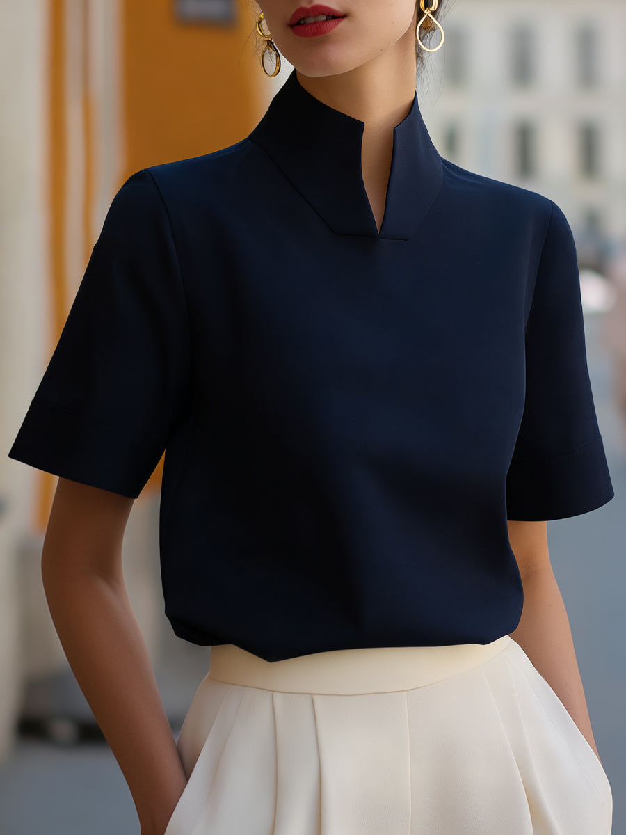 Women's Stand Collar Blouse – Short Sleeve Smart Top