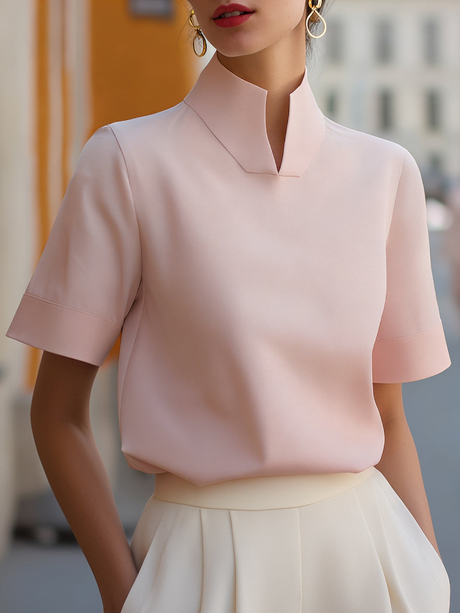 Women's Stand Collar Blouse – Short Sleeve Smart Top