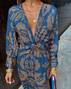Olivia - Women's Paisley Print V-Neck Twist-Front Midi Dress