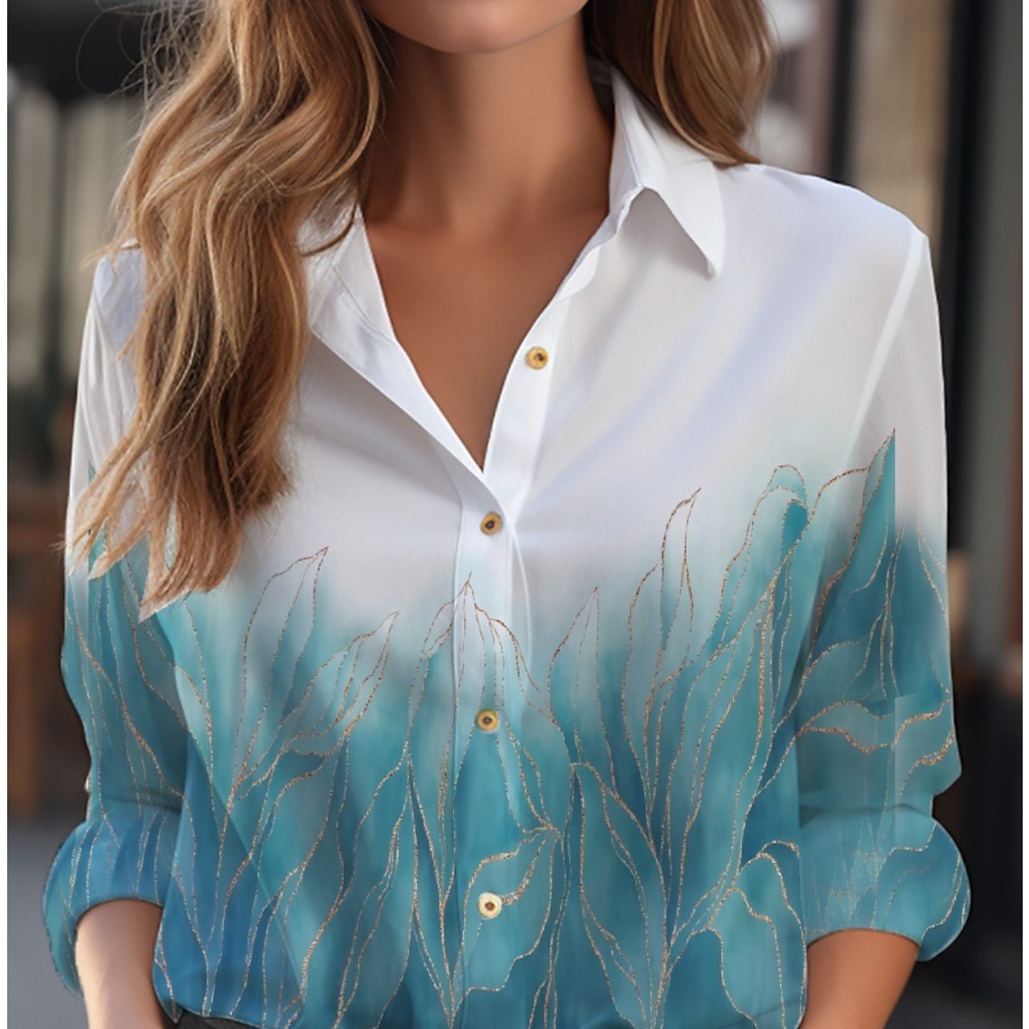 Inge - Women's Shirt Blouse with Floral Print and Button Placket