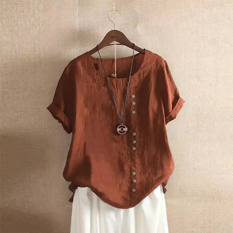 Karen - Women's Button-Front Linen Blend Casual Top