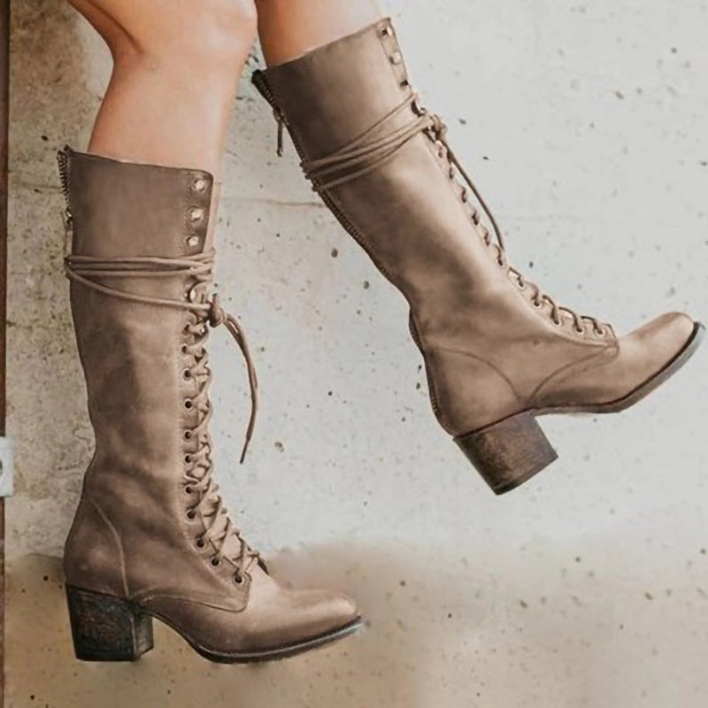 Amelia - Women's Lace Up Knee High Boots with Block Heel