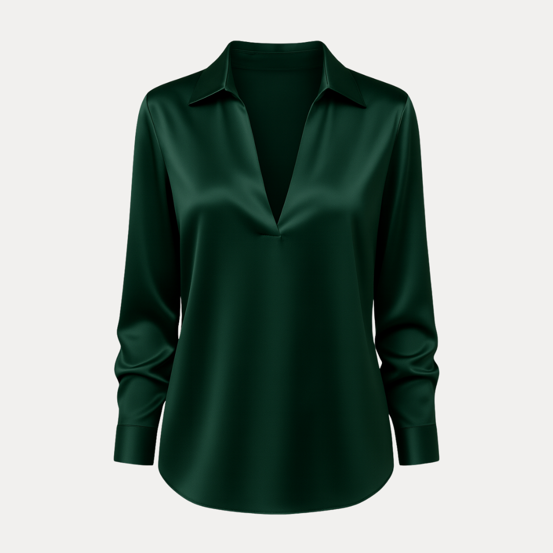 Women's Satin Blouse – V-Neck Long Sleeve Smart Top