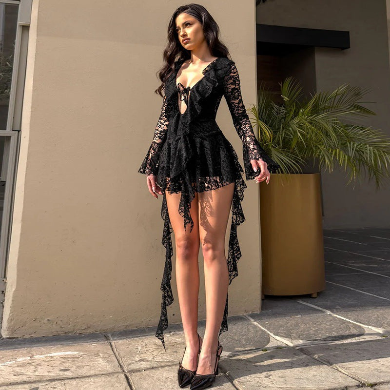 LUMIÈRE™ | Lace Ruffle Long Sleeve Mini Dress 4