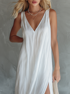Simple And Stylish V-Neck Sleeveless Striped Print Slit Chiffon Midi Dress