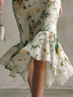Fashionable Retro Green Printed White Sleeveless V-neck Ruffled Chiffon Midi Dress