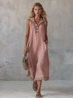 Casual Retro Lace-trimmed Pink Hooded Button-down Cotton And Linen Midi Dress