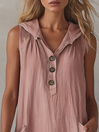 Casual Retro Lace-trimmed Pink Hooded Button-down Cotton And Linen Midi Dress
