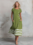 Casual Retro Color-blocked Striped Green Round Neck Short-sleeved Cotton Linen Midi Dress