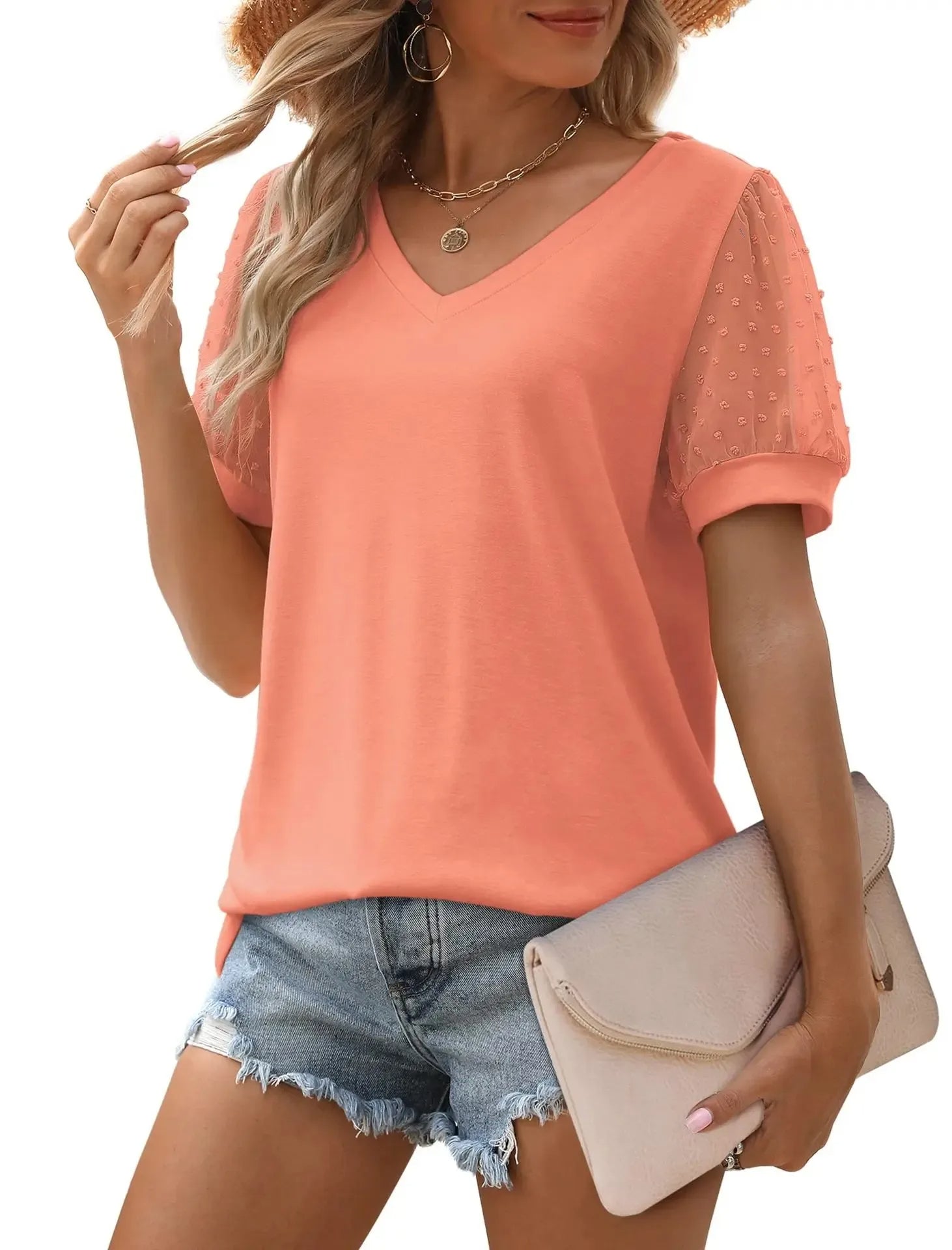 Susan - Women's V-Neck Mesh Sleeve Casual Top