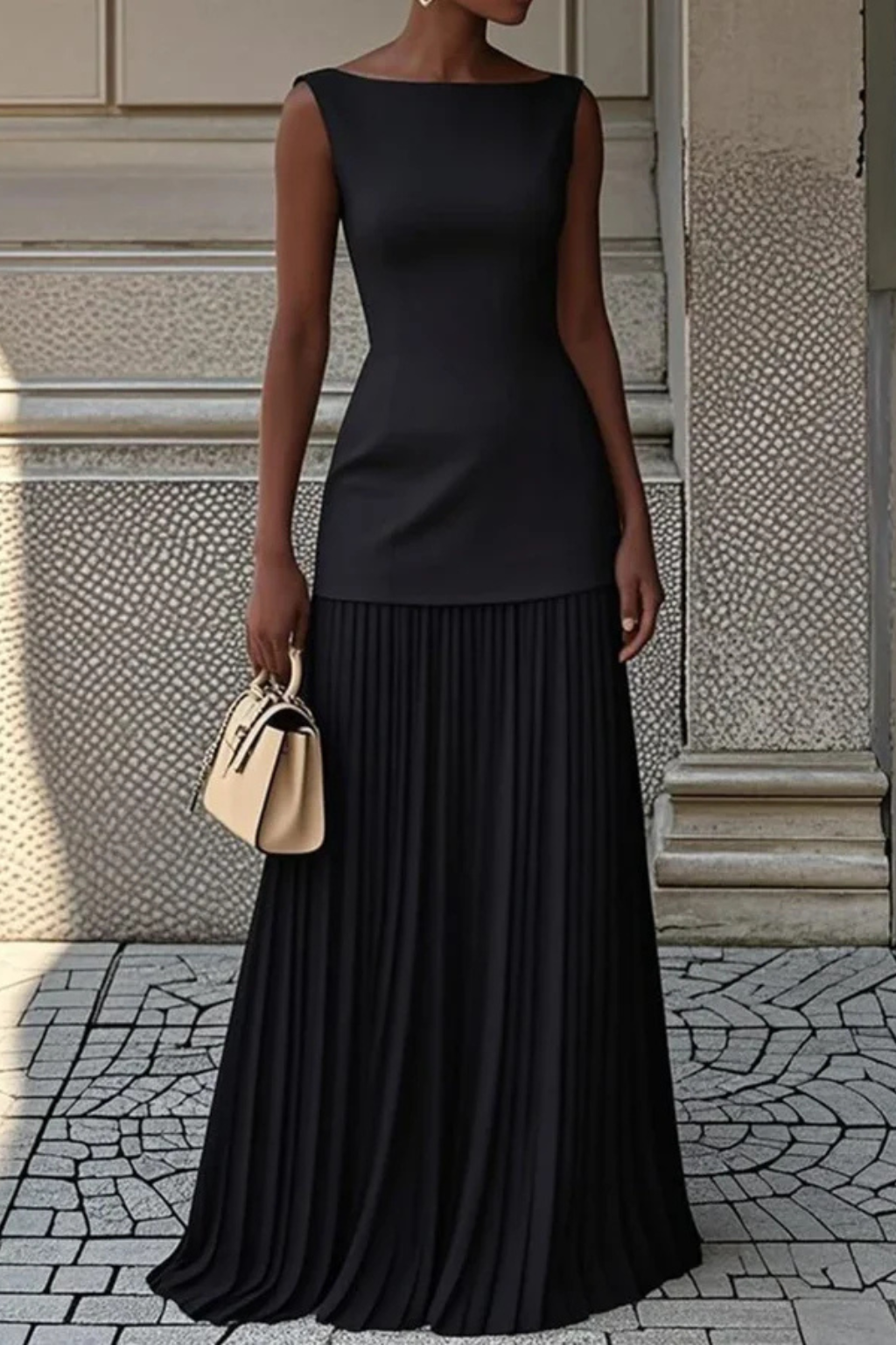 Cheryl - Women's Sleeveless Bateau Neck Top and Pleated Maxi Skirt Set