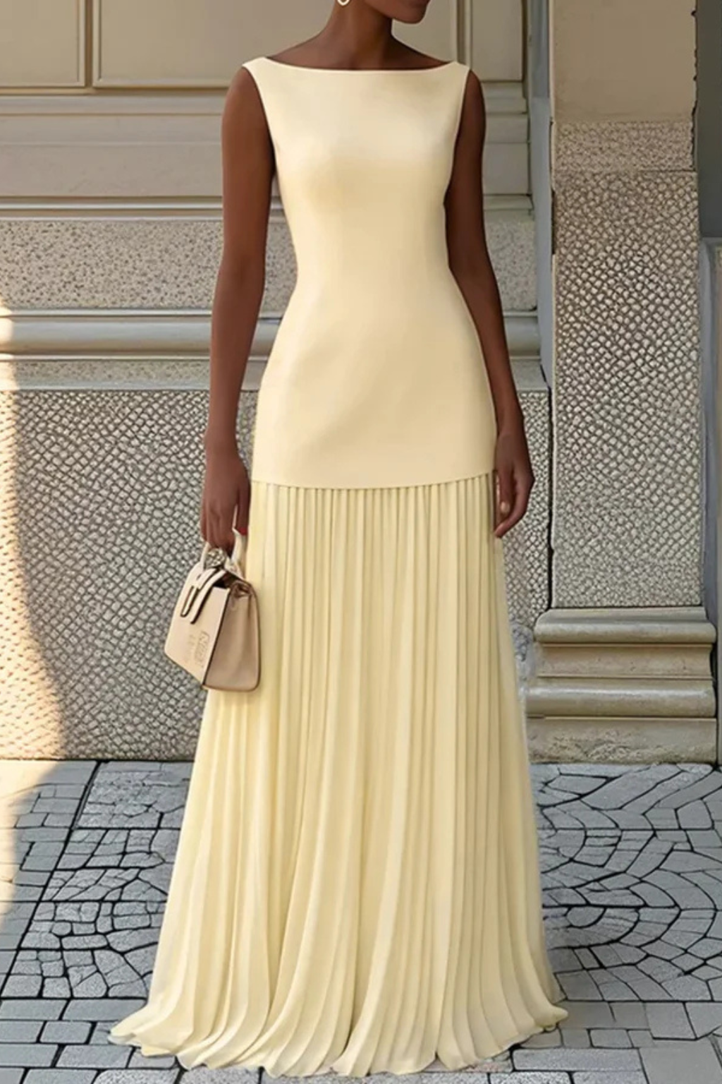 Cheryl - Women's Sleeveless Bateau Neck Top and Pleated Maxi Skirt Set