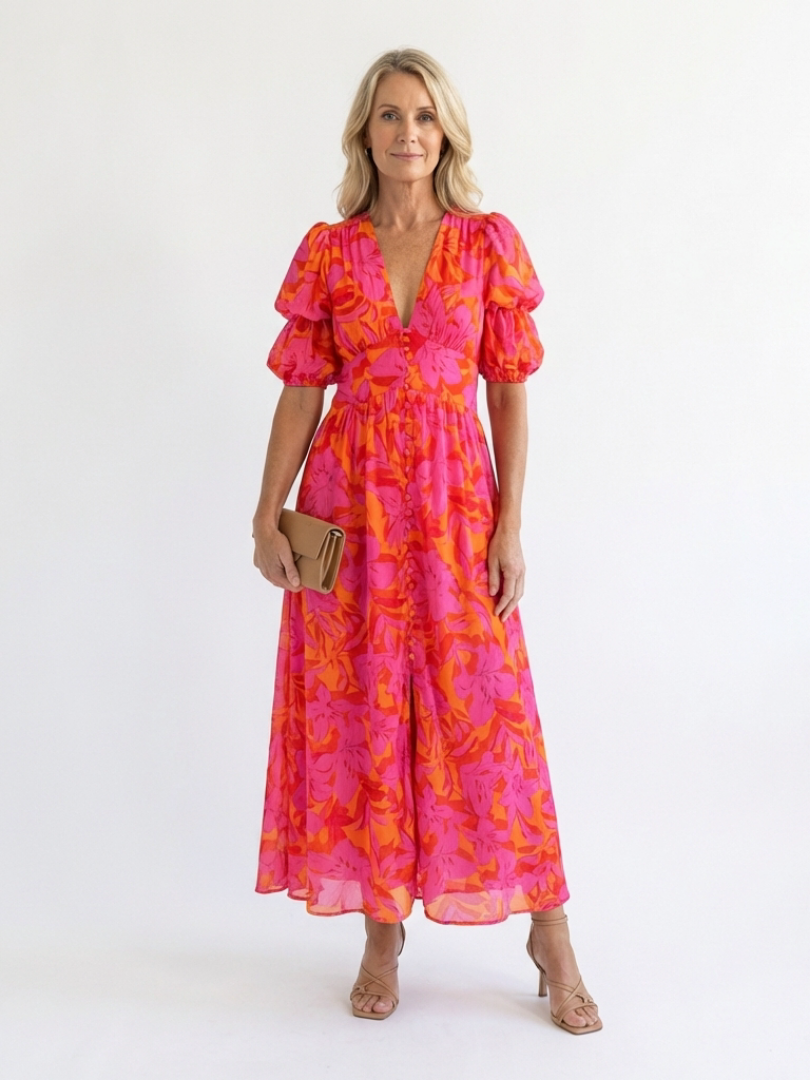 Willow | Floral V Neck Puff Sleeve Midi Dress 1