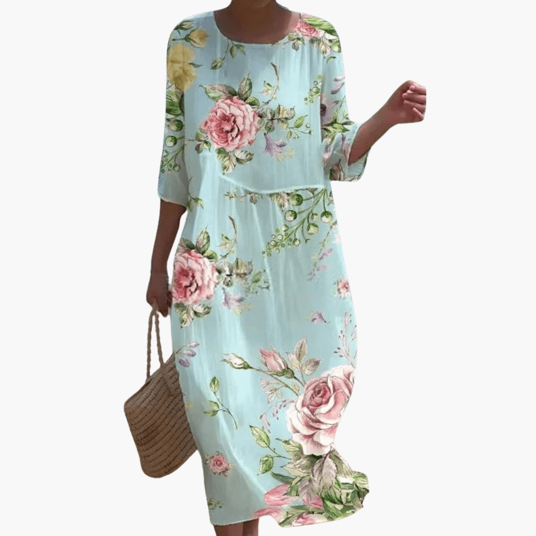 Mary - Rose Print 3/4 Sleeve Loose Midi Dress