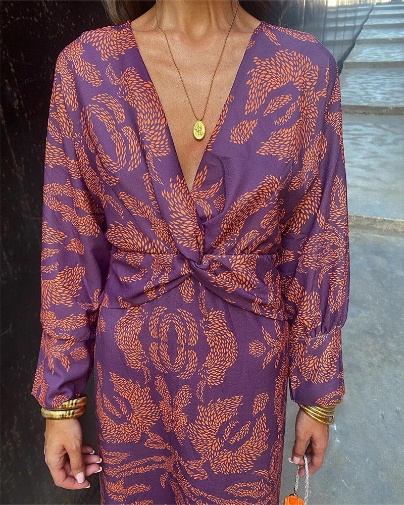 Olivia - Women's Paisley Print V-Neck Twist-Front Midi Dress