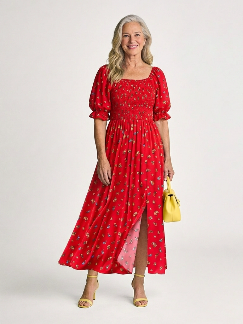 Delphine | Square Neck Floral Puff Sleeve Midi Dress 1