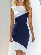 Olivia | Elegant White And Blue Sleeveless Midi Dress