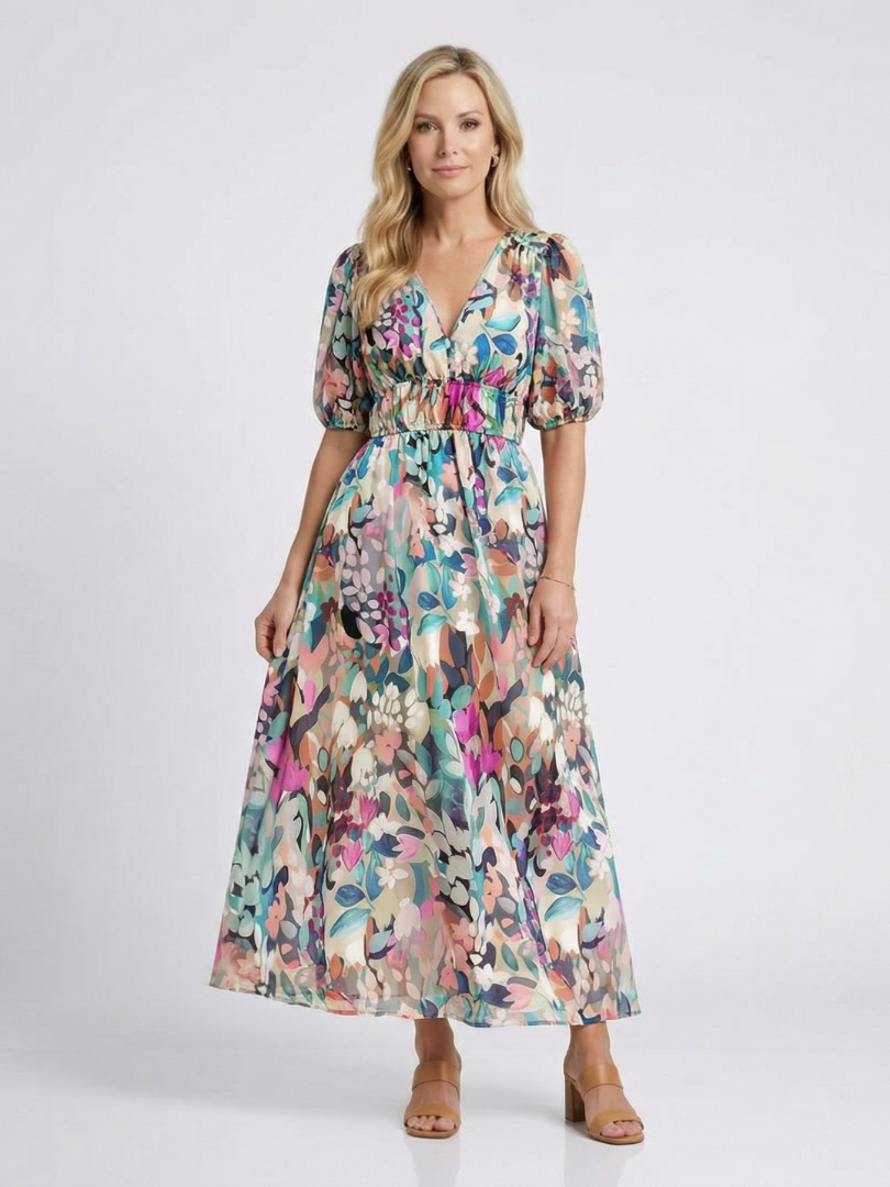 Eulalie | V Neck Short Sleeve Gathered Waist Midi Dress 1
