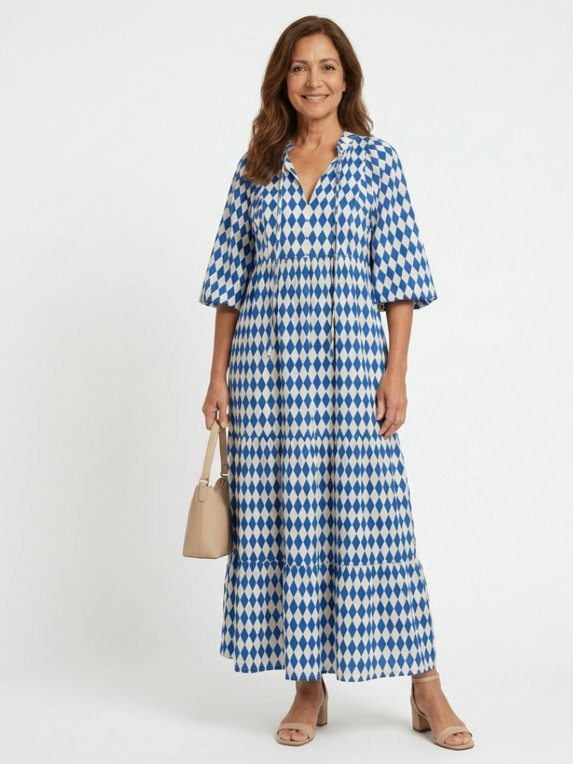 Elodie | Diamond Print Tiered Midi Dress 1
