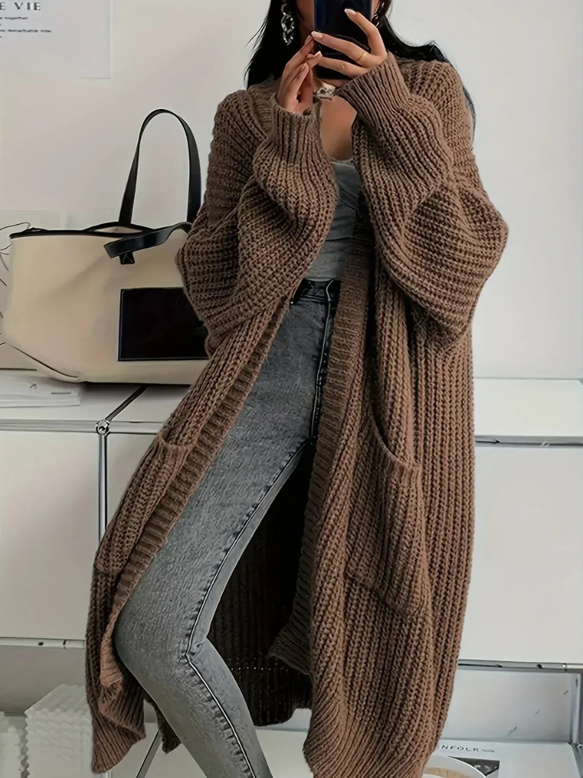Brown view of longline cardigan