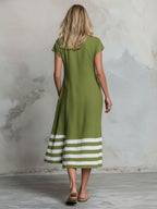 Casual Retro Color-blocked Striped Green Round Neck Short-sleeved Cotton Linen Midi Dress