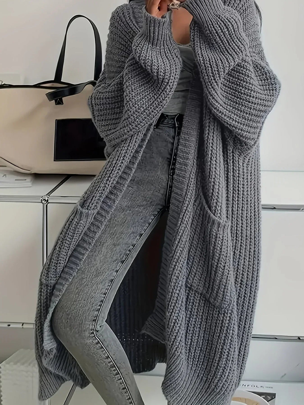 Gray view of longline cardigan