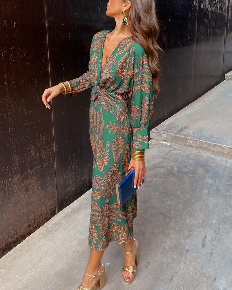 Olivia - Women's Paisley Print V-Neck Twist-Front Midi Dress