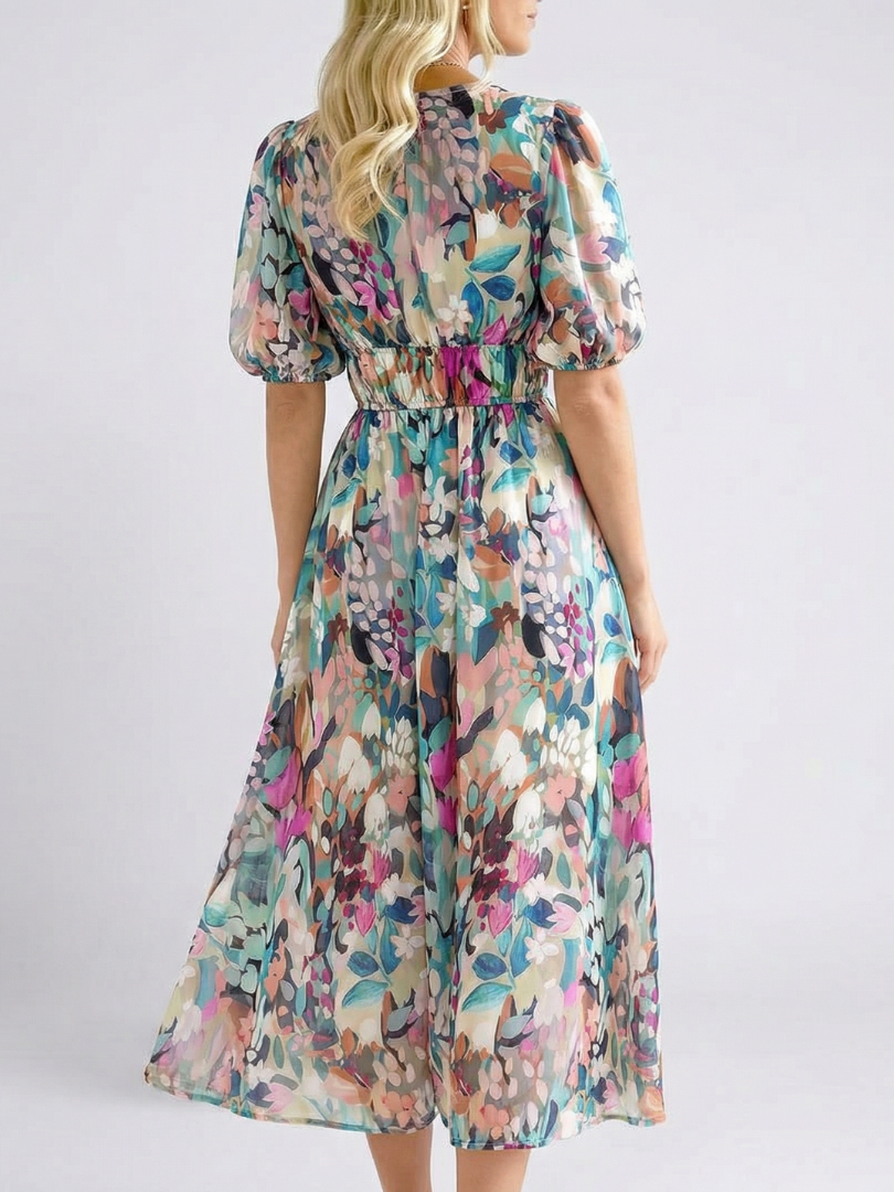 Eulalie | V Neck Short Sleeve Gathered Waist Midi Dress 2
