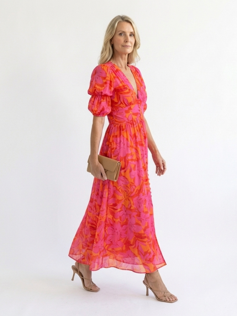 Willow | Floral V Neck Puff Sleeve Midi Dress 3