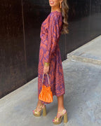 Olivia - Women's Paisley Print V-Neck Twist-Front Midi Dress