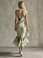 Fashionable Retro Green Printed White Sleeveless V-neck Ruffled Chiffon Midi Dress