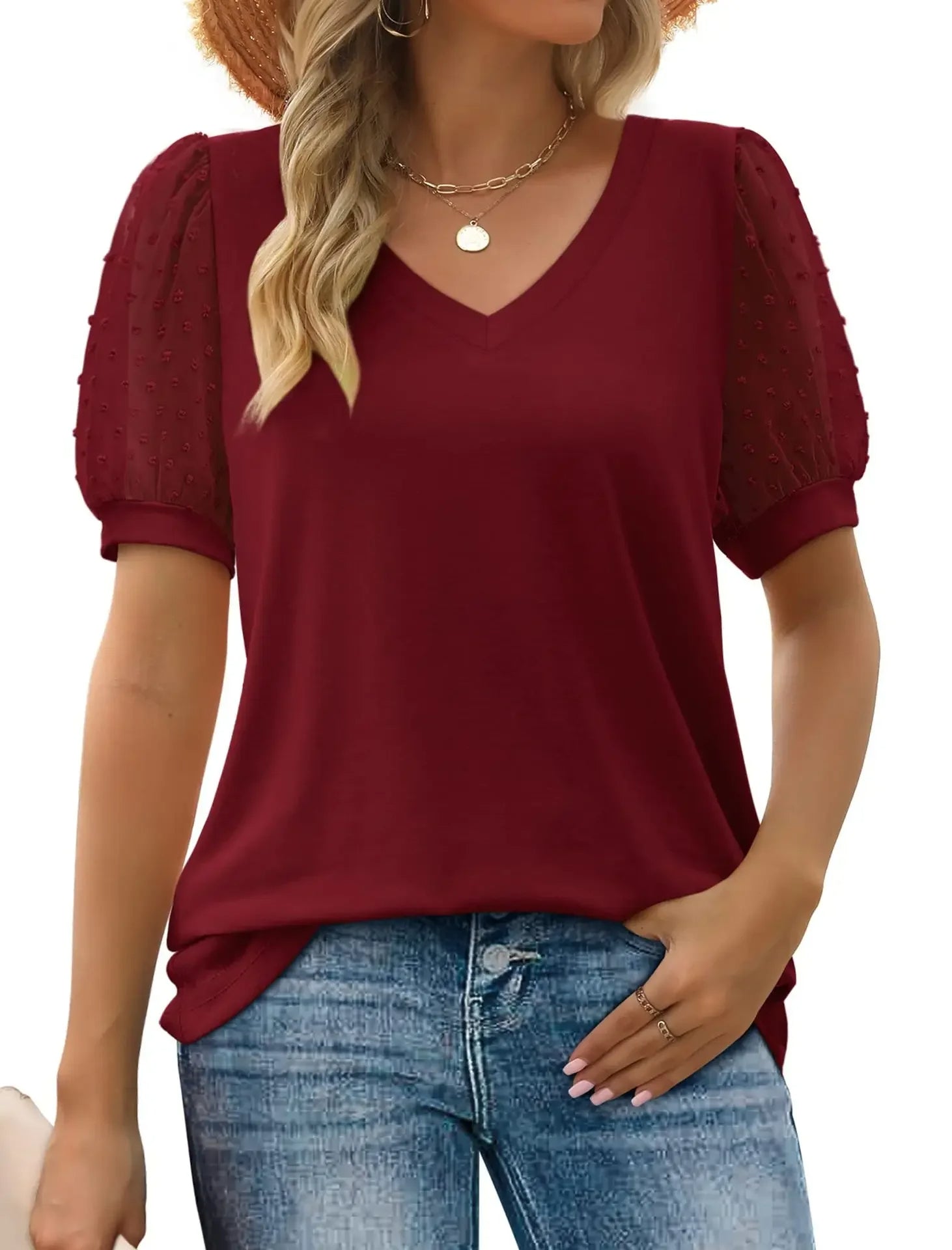Susan - Women's V-Neck Mesh Sleeve Casual Top