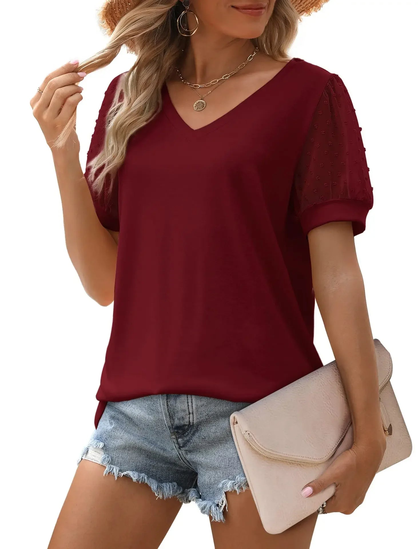 Susan - Women's V-Neck Mesh Sleeve Casual Top