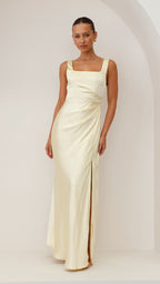 Women's Wedding Guest Square Neck Satin Maxi Dress