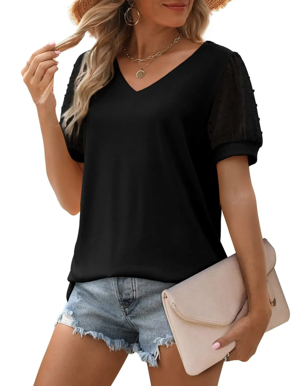 Susan - Women's V-Neck Mesh Sleeve Casual Top
