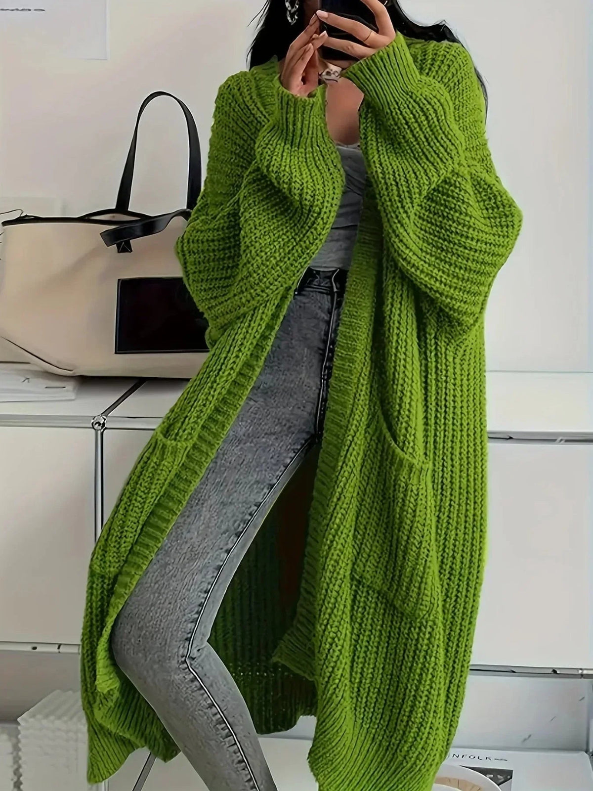 Olive Green view of longline cardigan