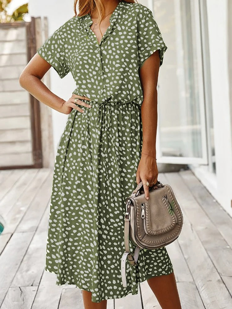 Elizabeth - Women's Animal Print Short Sleeve Midi Shirt Dress
