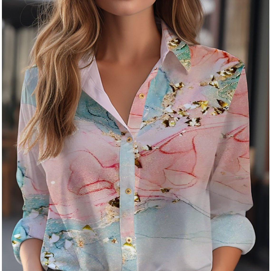 Inge - Women's Shirt Blouse with Floral Print and Button Placket
