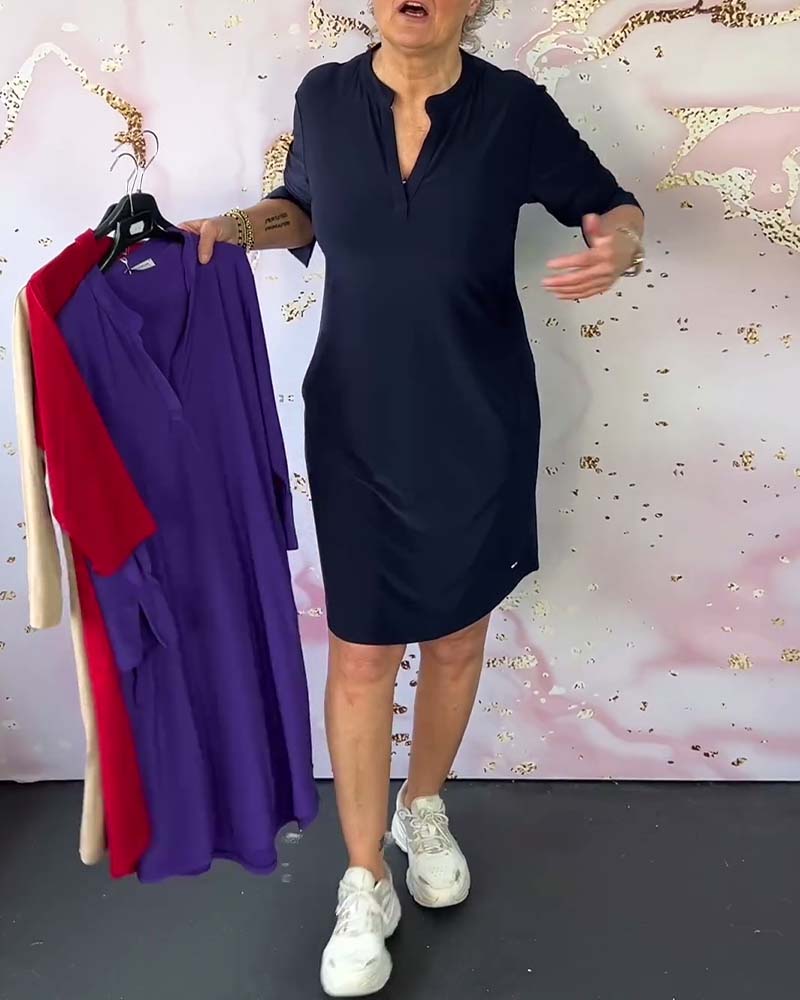 HANNEKE - Solid Dress With V Neck