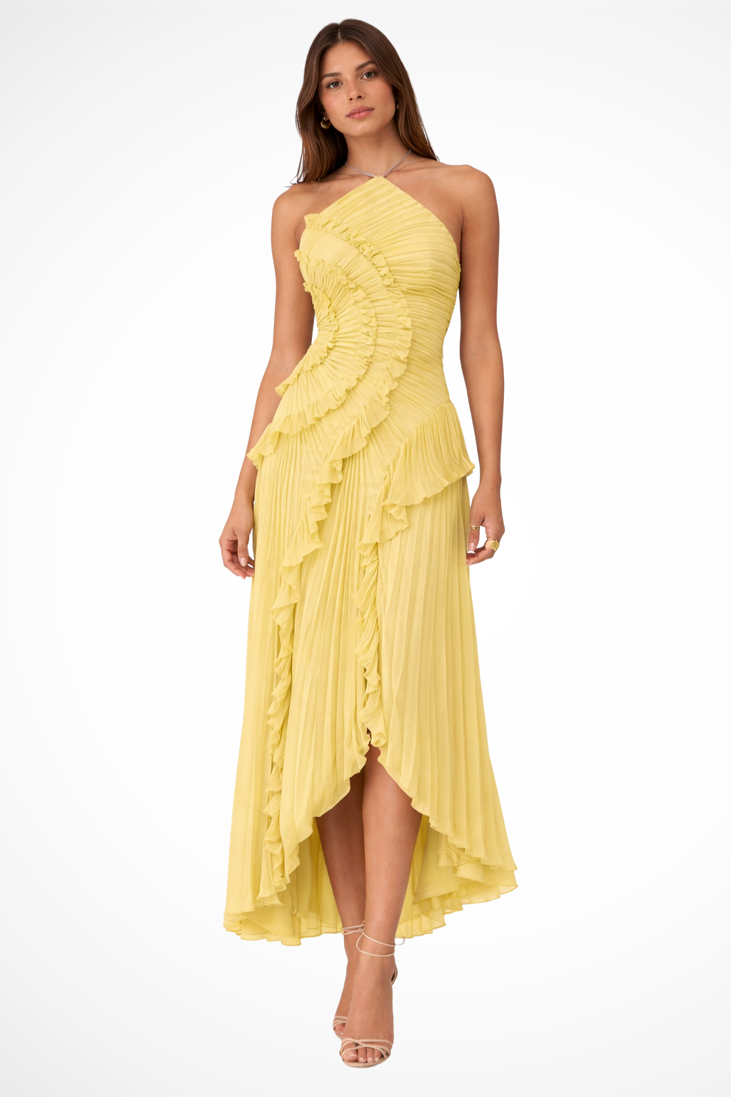 Lori - Women's Halter Neck Pleated Ruffle Maxi Dress