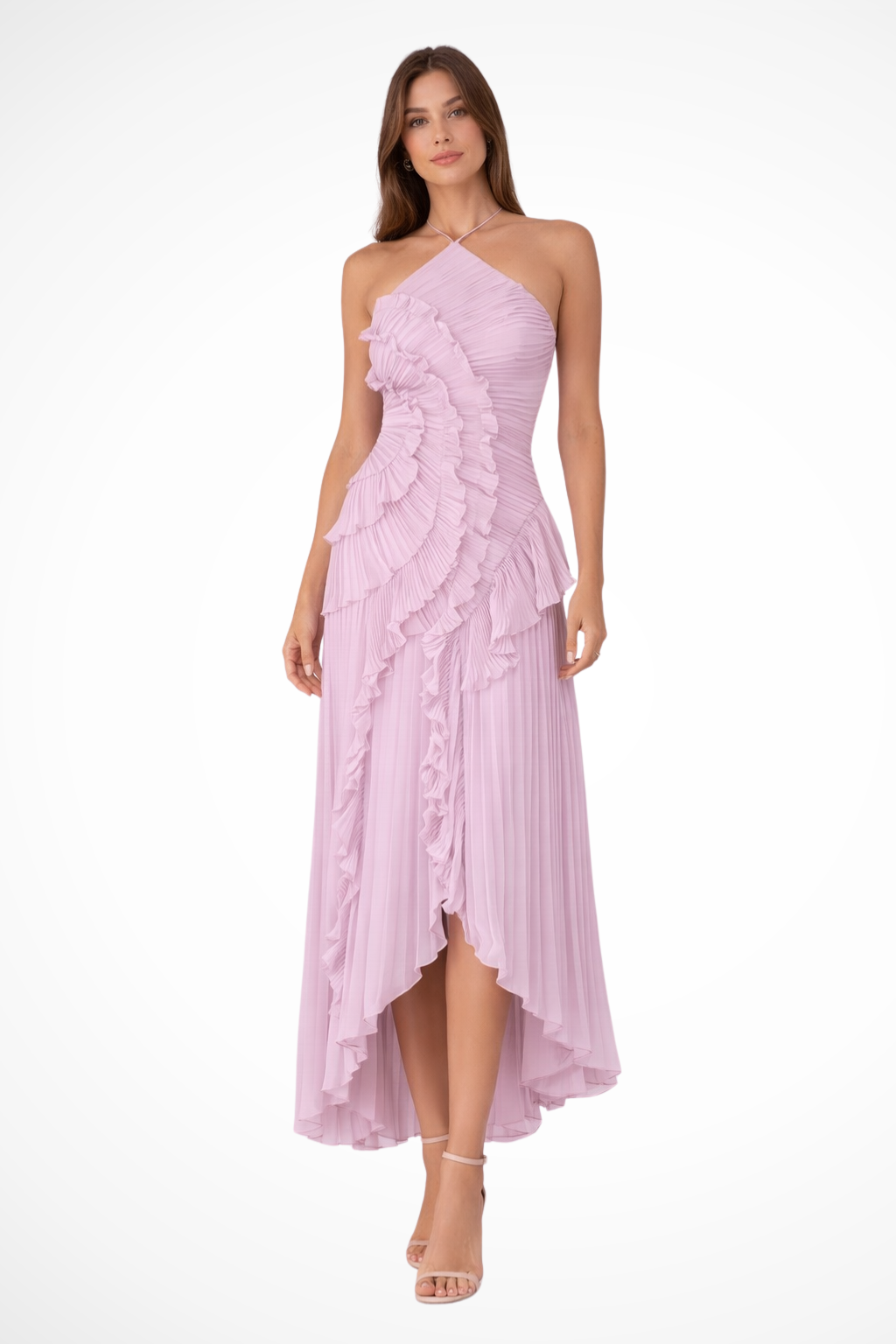 Lori - Women's Halter Neck Pleated Ruffle Maxi Dress