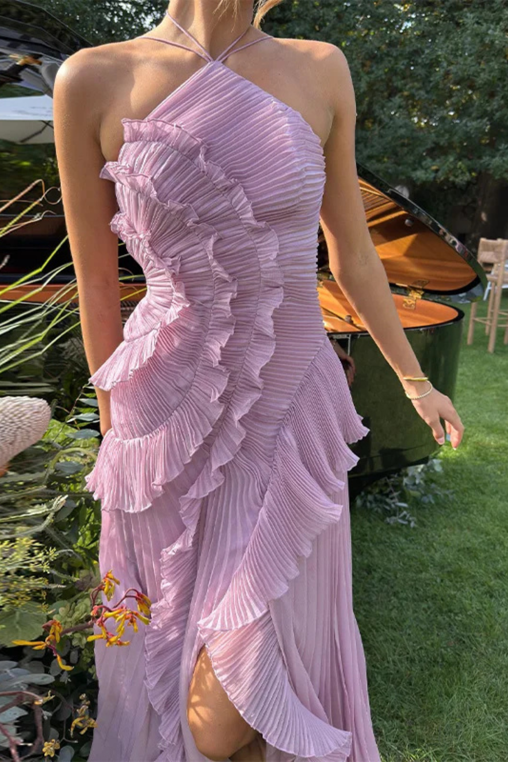 Lori - Women's Halter Neck Pleated Ruffle Maxi Dress