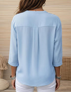 Light Blue Pleated Button Front 3/4 Sleeve Blouse