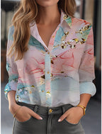 Inge - Women's Shirt Blouse with Floral Print and Button Placket