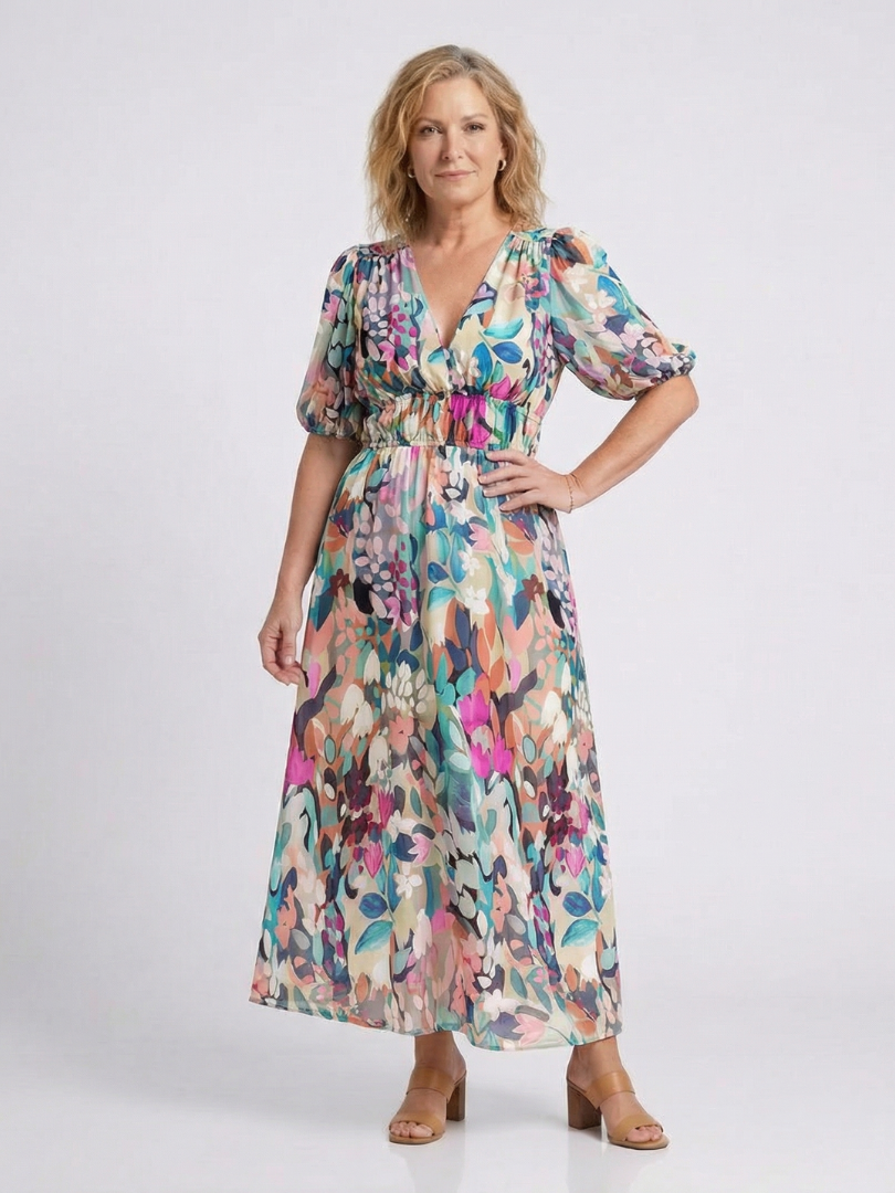 Eulalie | V Neck Short Sleeve Gathered Waist Midi Dress 3