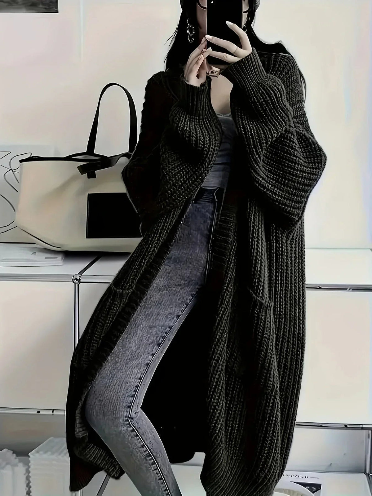 Black view of longline cardigan