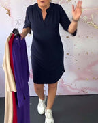 HANNEKE - Solid Dress With V Neck